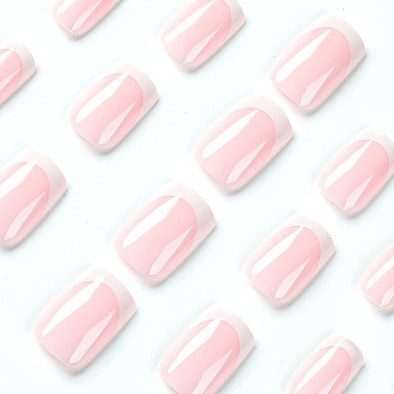 Matte Pink Short Square Press On Nails French Edge for Women and Girls