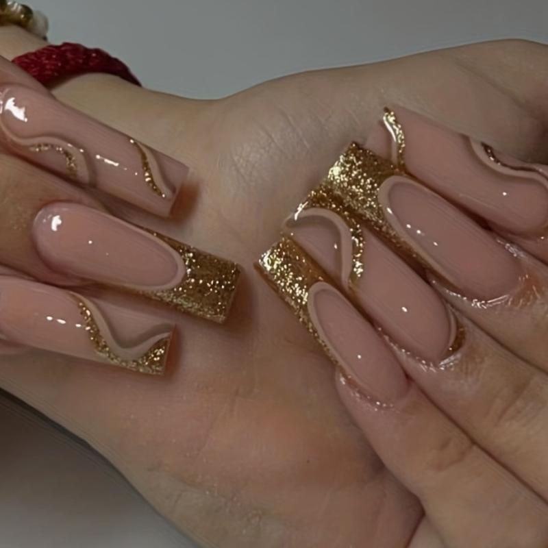 24pcs Golden Pink Swirl French Tip Glitter Press On Nails for Women