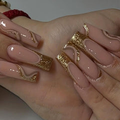 24pcs Golden Pink Swirl French Tip Glitter Press On Nails for Women