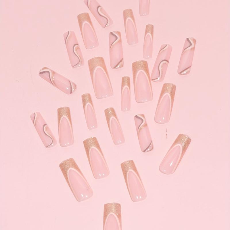 24pcs Golden Pink Swirl French Tip Glitter Press On Nails for Women