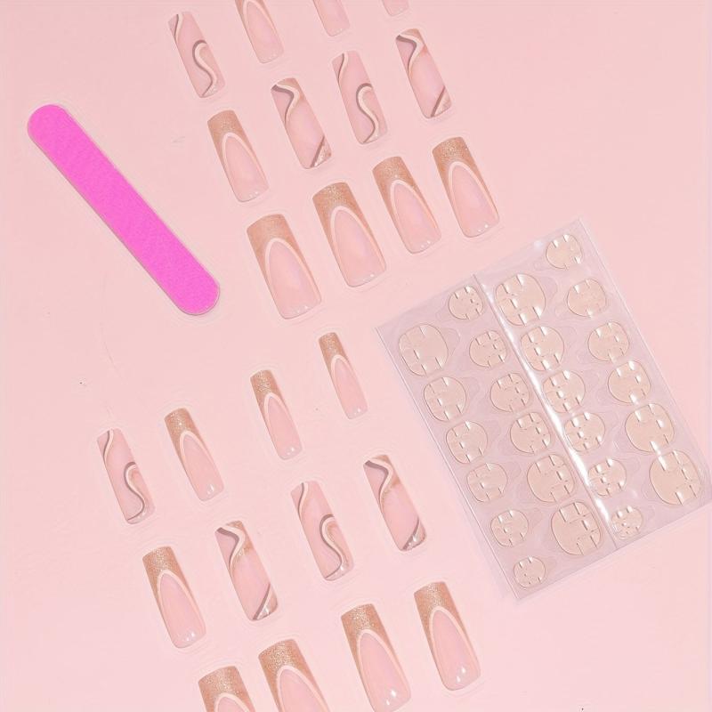 24pcs Golden Pink Swirl French Tip Glitter Press On Nails for Women