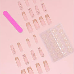 24pcs Golden Pink Swirl French Tip Glitter Press On Nails for Women