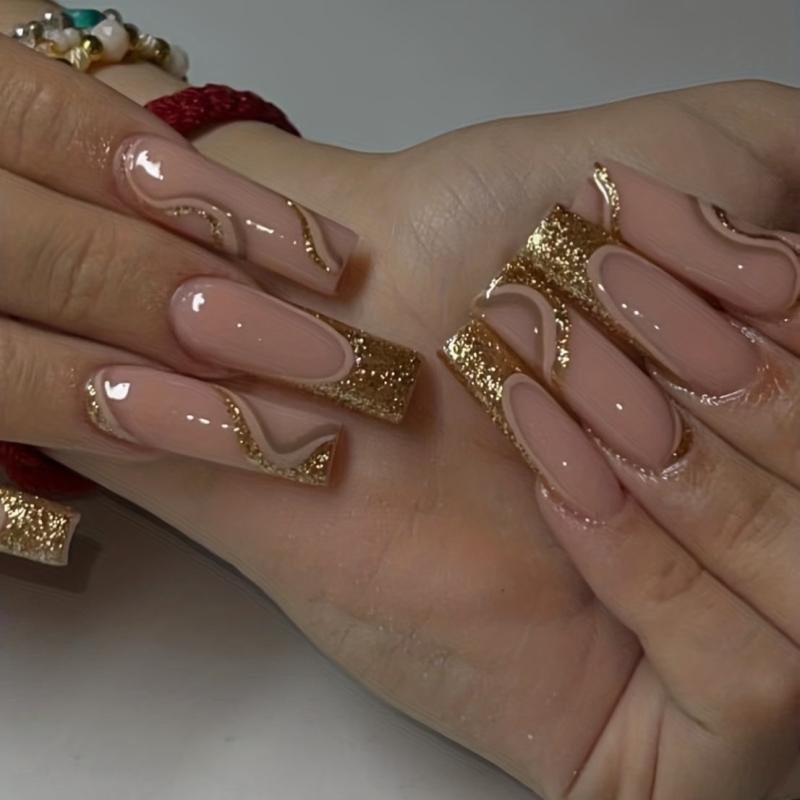 24pcs Golden Pink Swirl French Tip Glitter Press On Nails for Women