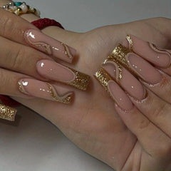 24pcs Golden Pink Swirl French Tip Glitter Press On Nails for Women