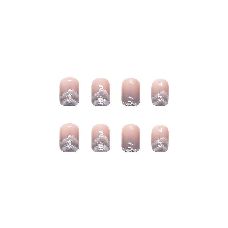 Gradient Flower Press On Nails with Glue Short Oval Acrylic False Nails