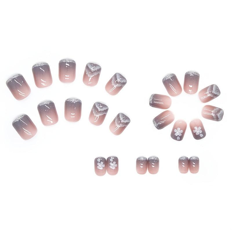Gradient Flower Press On Nails with Glue Short Oval Acrylic False Nails