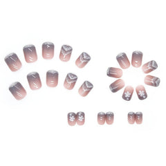 Gradient Flower Press On Nails with Glue Short Oval Acrylic False Nails