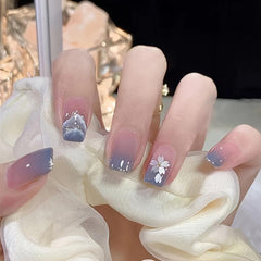 Gradient Flower Press On Nails with Glue Short Oval Acrylic False Nails