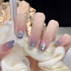 Gradient Flower Press On Nails with Glue Short Oval Acrylic False Nails