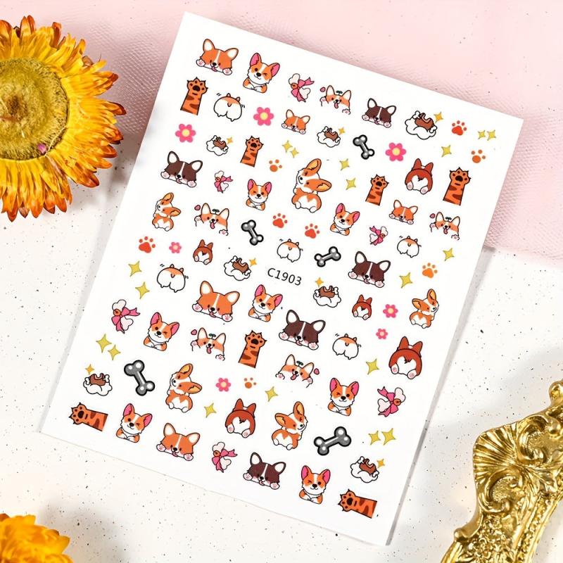 3pcs Nail Art Stickers Cute Husky Puppy Cat Decals 3D Self Adhesive