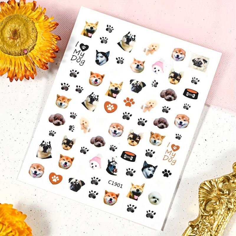 3pcs Nail Art Stickers Cute Husky Puppy Cat Decals 3D Self Adhesive