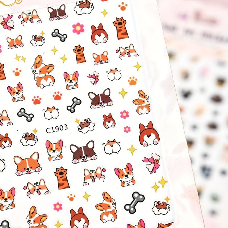3pcs Nail Art Stickers Cute Husky Puppy Cat Decals 3D Self Adhesive