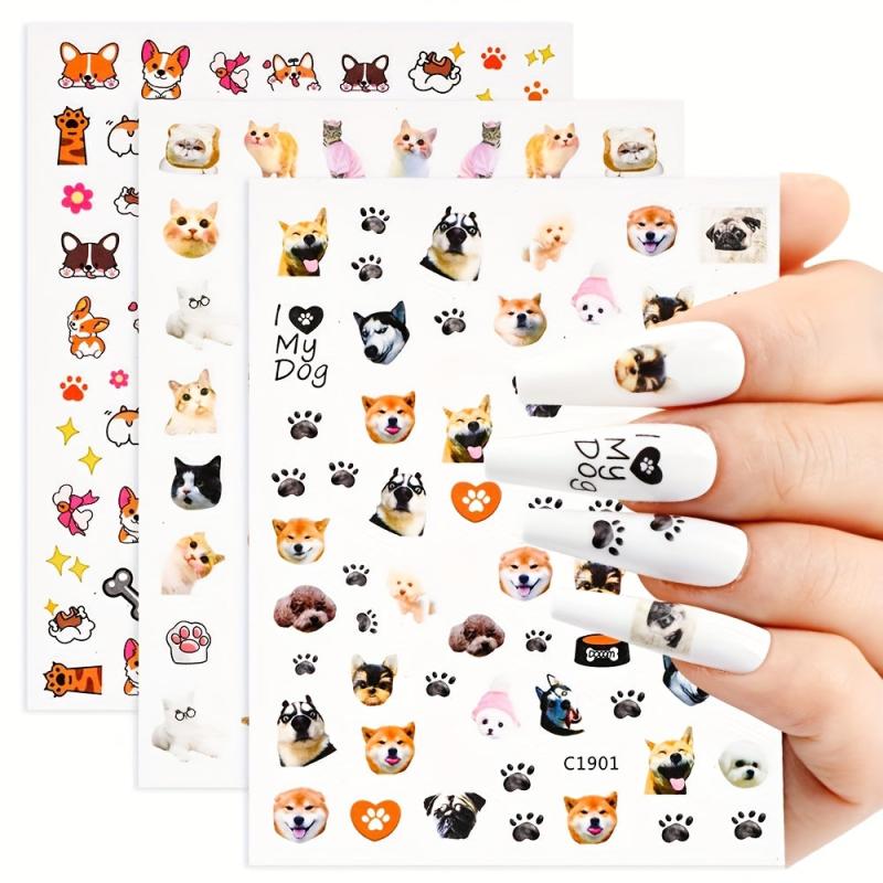 3pcs Nail Art Stickers Cute Husky Puppy Cat Decals 3D Self Adhesive