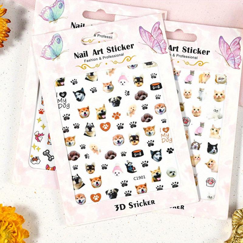 3pcs Nail Art Stickers Cute Husky Puppy Cat Decals 3D Self Adhesive