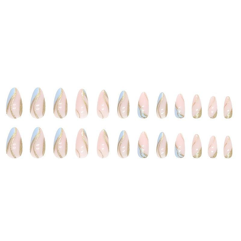24pcs Swirl Almond Press On Nails Golden Sequins Glossy Glue On Acrylic Nails