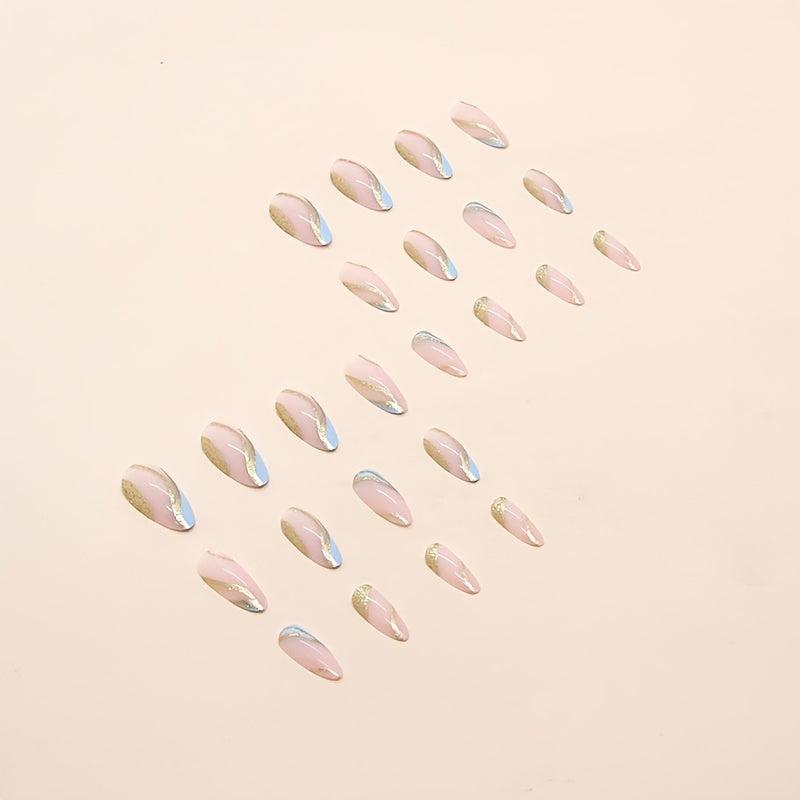 24pcs Swirl Almond Press On Nails Golden Sequins Glossy Glue On Acrylic Nails