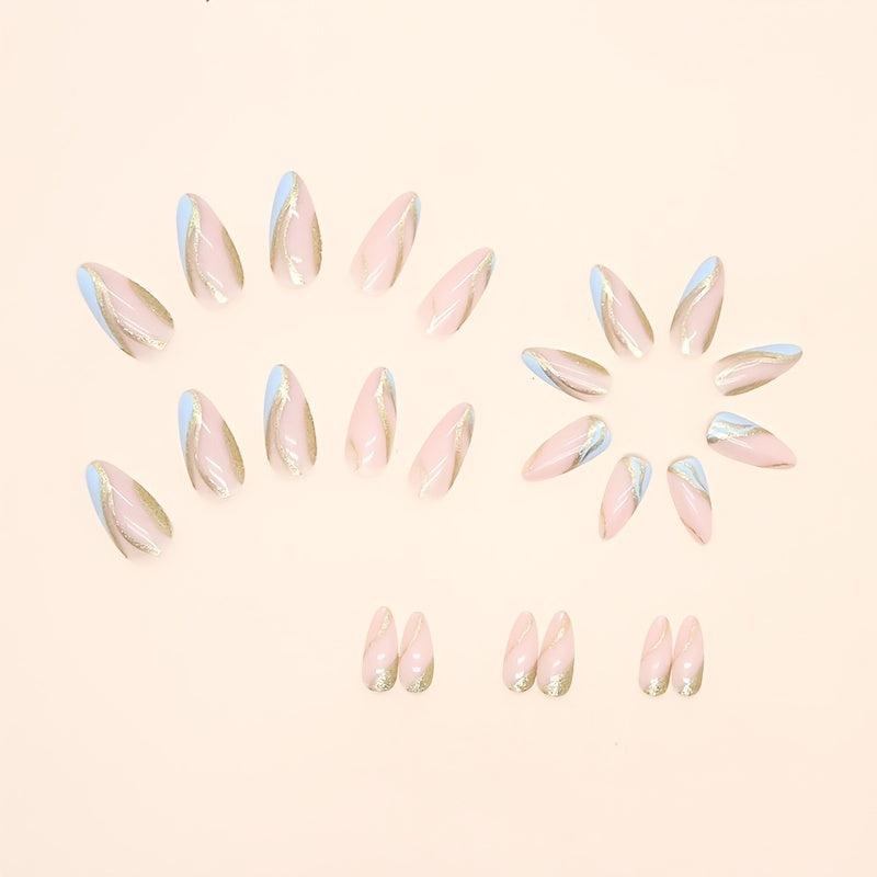 24pcs Swirl Almond Press On Nails Golden Sequins Glossy Glue On Acrylic Nails