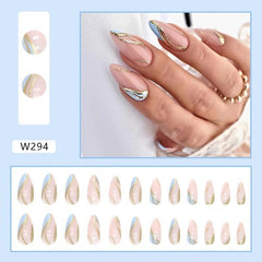 24pcs Swirl Almond Press On Nails Golden Sequins Glossy Glue On Acrylic Nails