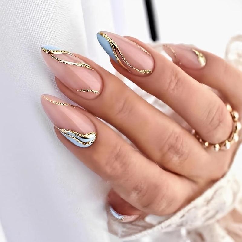 24pcs Swirl Almond Press On Nails Golden Sequins Glossy Glue On Acrylic Nails