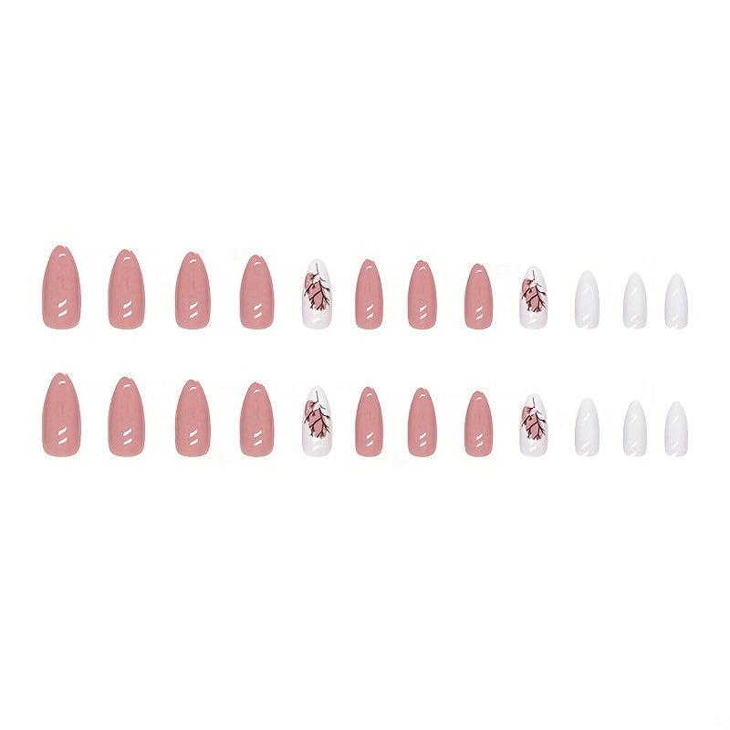 24pcs Nude Pink Leaf Press On Nails Full Cover Almond False Nails