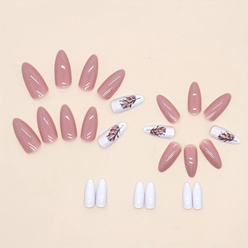 24pcs Nude Pink Leaf Press On Nails Full Cover Almond False Nails