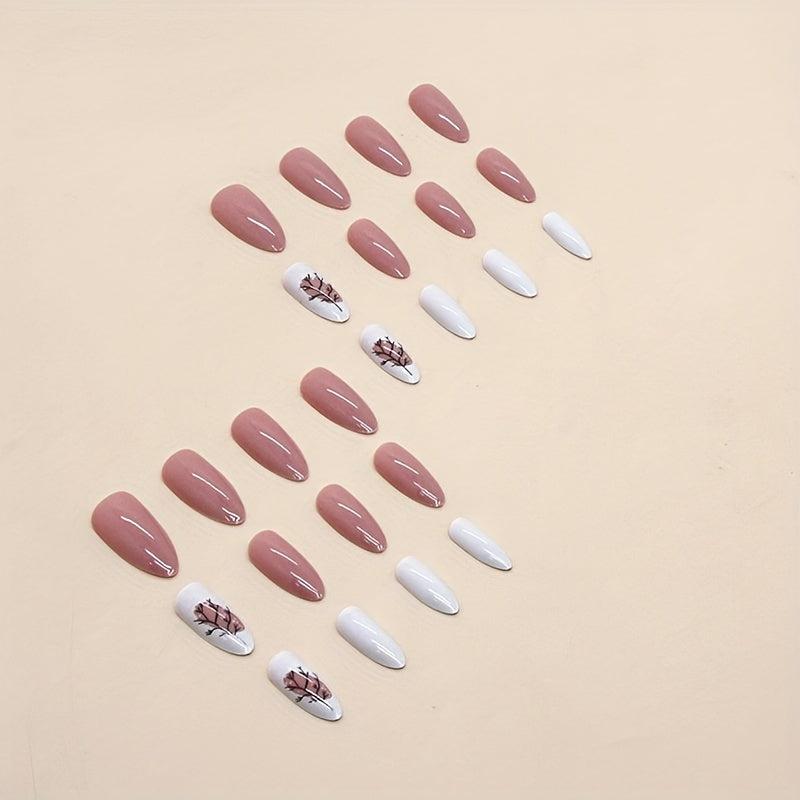24pcs Nude Pink Leaf Press On Nails Full Cover Almond False Nails