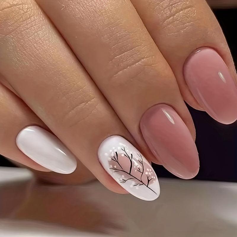 24pcs Nude Pink Leaf Press On Nails Full Cover Almond False Nails