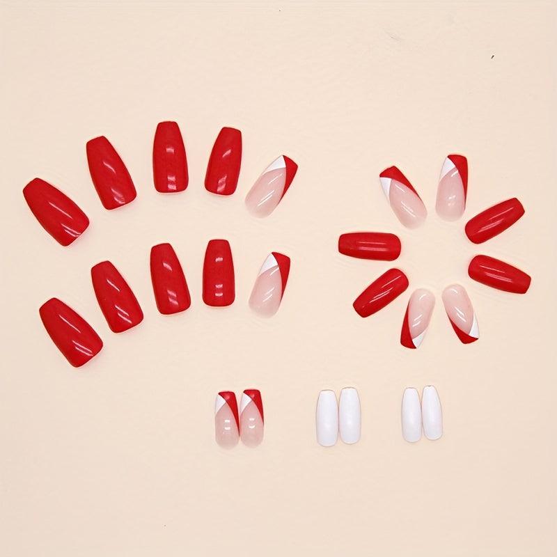 24pcs French Tip Press On Nails Medium Square Size Easy DIY Nail Art