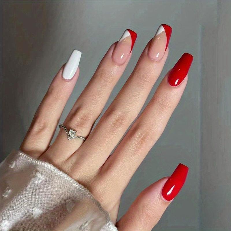24pcs French Tip Press On Nails Medium Square Size Easy DIY Nail Art