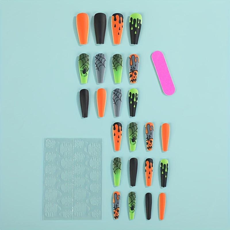 24Pcs Halloween Green&Orange Press On Nails Long Square False Nails