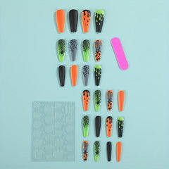 24Pcs Halloween Green&Orange Press On Nails Long Square False Nails