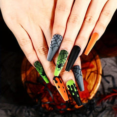 24Pcs Halloween Green&Orange Press On Nails Long Square False Nails