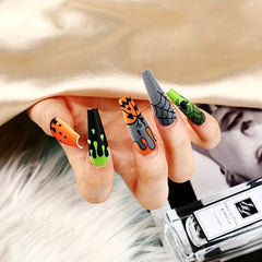 24Pcs Halloween Green&Orange Press On Nails Long Square False Nails
