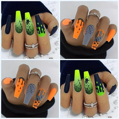 24Pcs Halloween Green&Orange Press On Nails Long Square False Nails