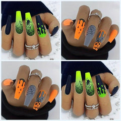 24Pcs Halloween Green&Orange Press On Nails Long Square False Nails