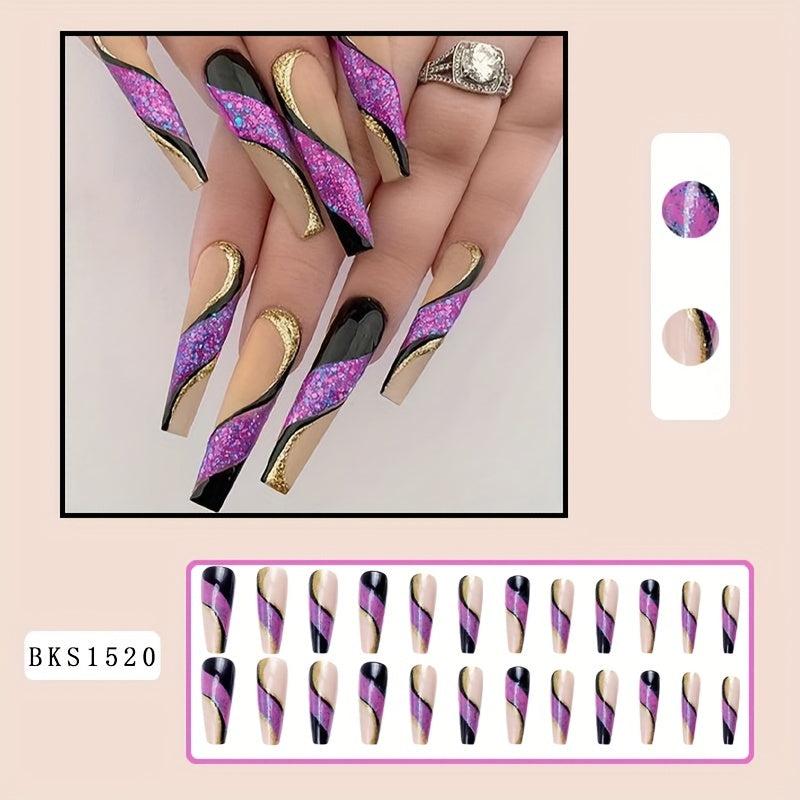 24pcs Golden Glitter Purple Sequins Ballerina Press On Nails for Women