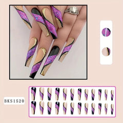 24pcs Golden Glitter Purple Sequins Ballerina Press On Nails for Women