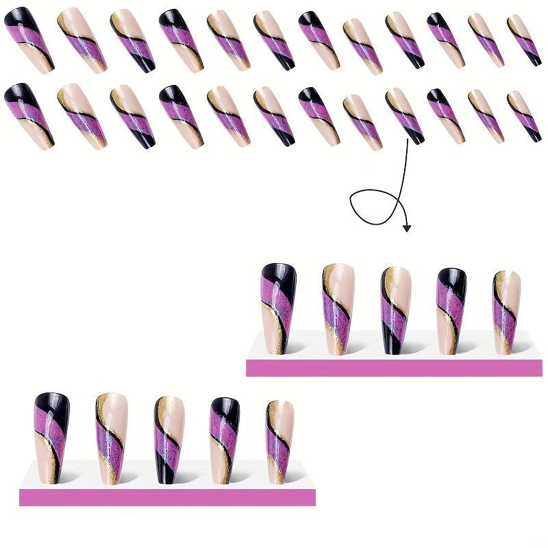 24pcs Golden Glitter Purple Sequins Ballerina Press On Nails for Women