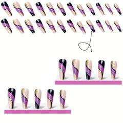 24pcs Golden Glitter Purple Sequins Ballerina Press On Nails for Women