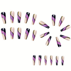 24pcs Golden Glitter Purple Sequins Ballerina Press On Nails for Women