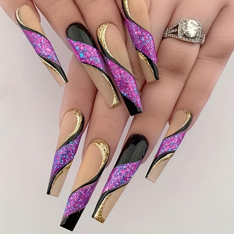 24pcs Golden Glitter Purple Sequins Ballerina Press On Nails for Women