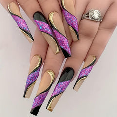 24pcs Golden Glitter Purple Sequins Ballerina Press On Nails for Women