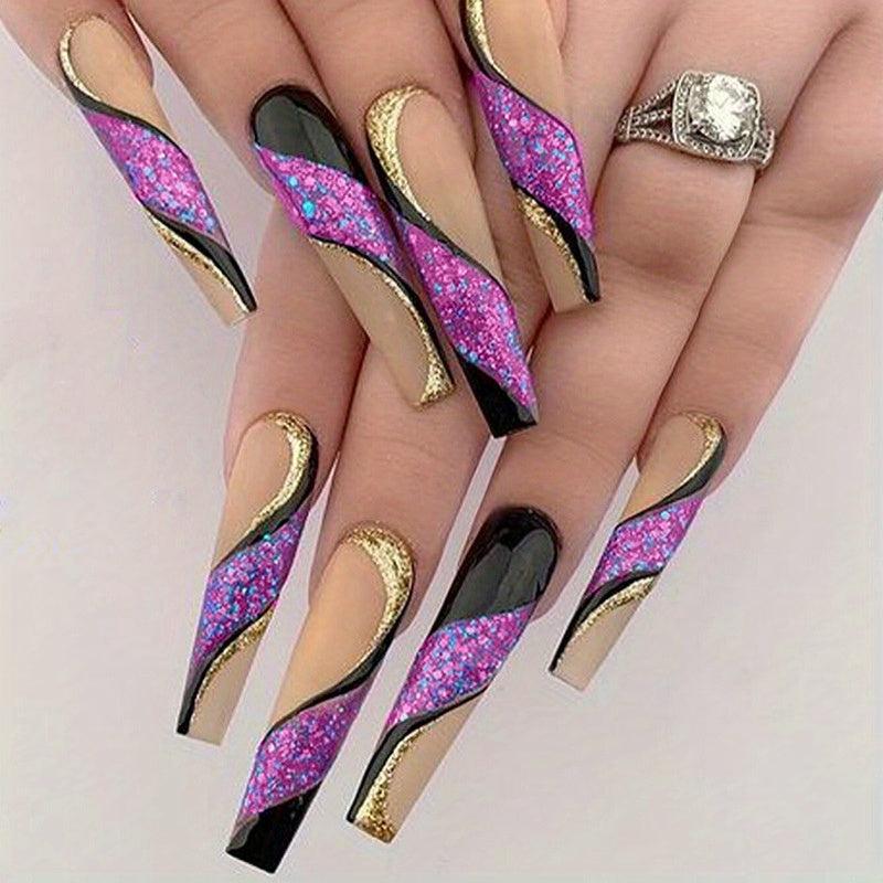 24pcs Golden Glitter Purple Sequins Ballerina Press On Nails for Women