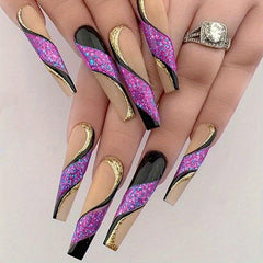 24pcs Golden Glitter Purple Sequins Ballerina Press On Nails for Women