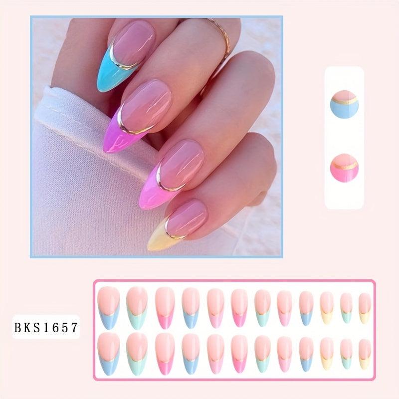 24 pcs Colorful French Almond Press On Nails with Golden Lines for Women