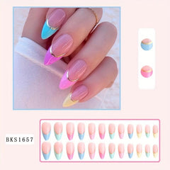 24 pcs Colorful French Almond Press On Nails with Golden Lines for Women