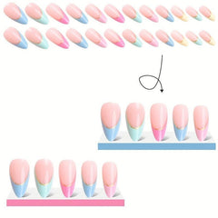 24 pcs Colorful French Almond Press On Nails with Golden Lines for Women