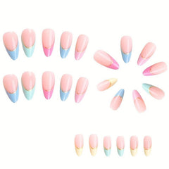 24 pcs Colorful French Almond Press On Nails with Golden Lines for Women