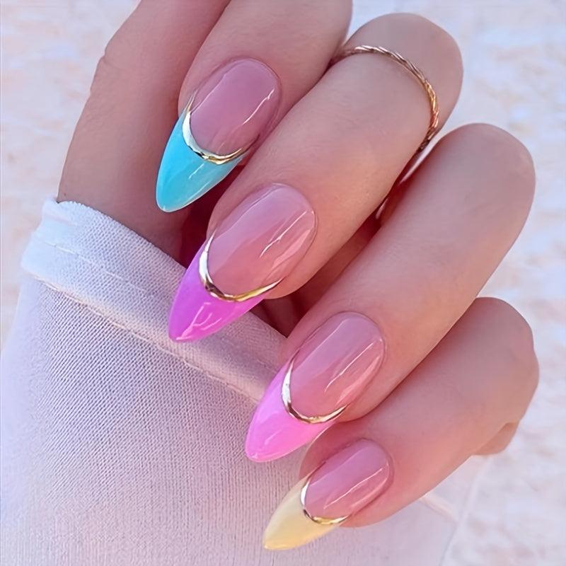 24 pcs Colorful French Almond Press On Nails with Golden Lines for Women