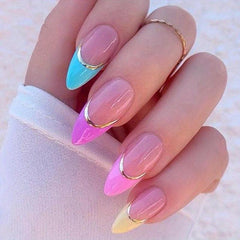 24 pcs Colorful French Almond Press On Nails with Golden Lines for Women
